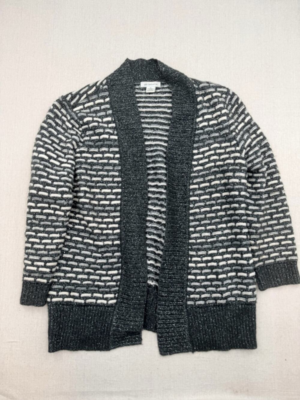 Black & White Open-Front Knit Cardigan Sweater with silver metallic threading